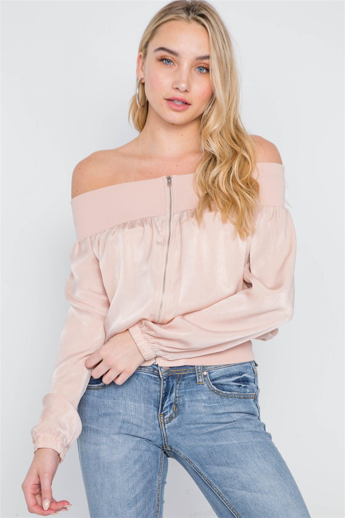 Blush Off-The-Shoulder Light Zip-Up Bomber Jacket /1-2-1