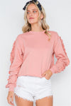 Peach Crew Neck Long Sleeve Ruffle Sweater