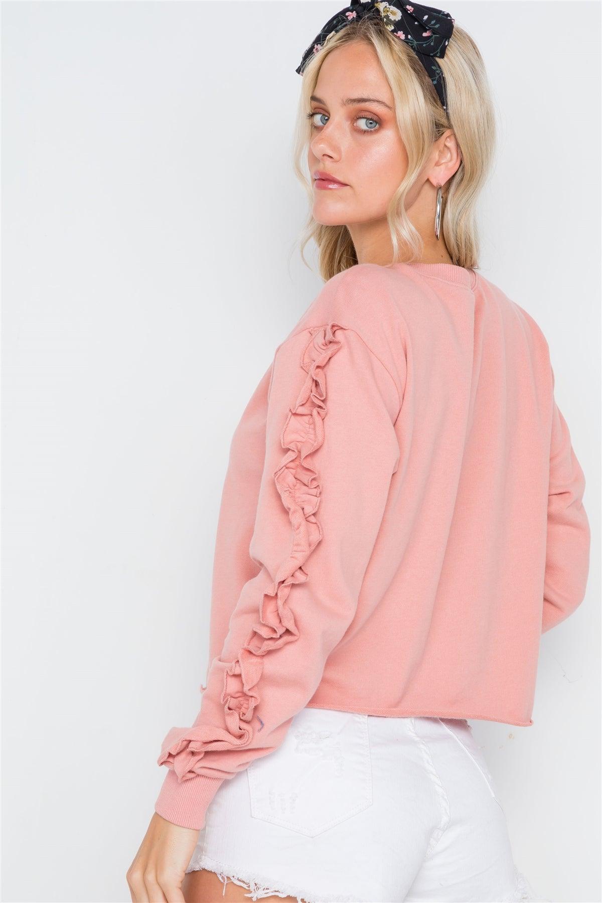 Peach Crew Neck Long Sleeve Ruffle Sweater /3-2