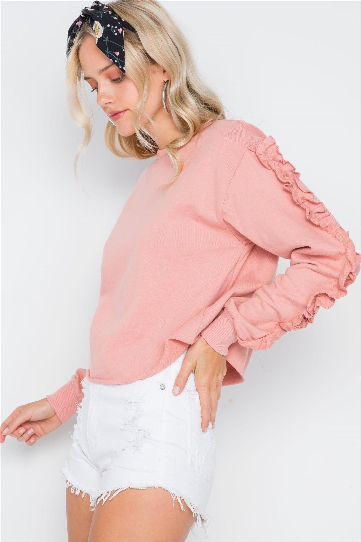 Peach Crew Neck Long Sleeve Ruffle Sweater /3-2