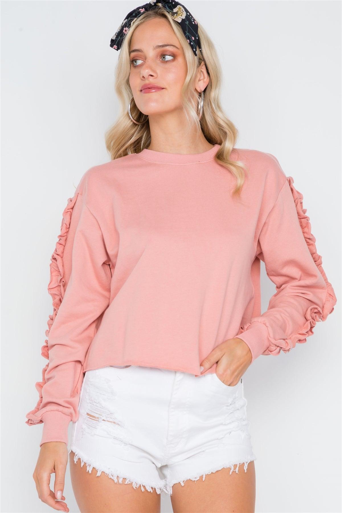 Peach Crew Neck Long Sleeve Ruffle Sweater