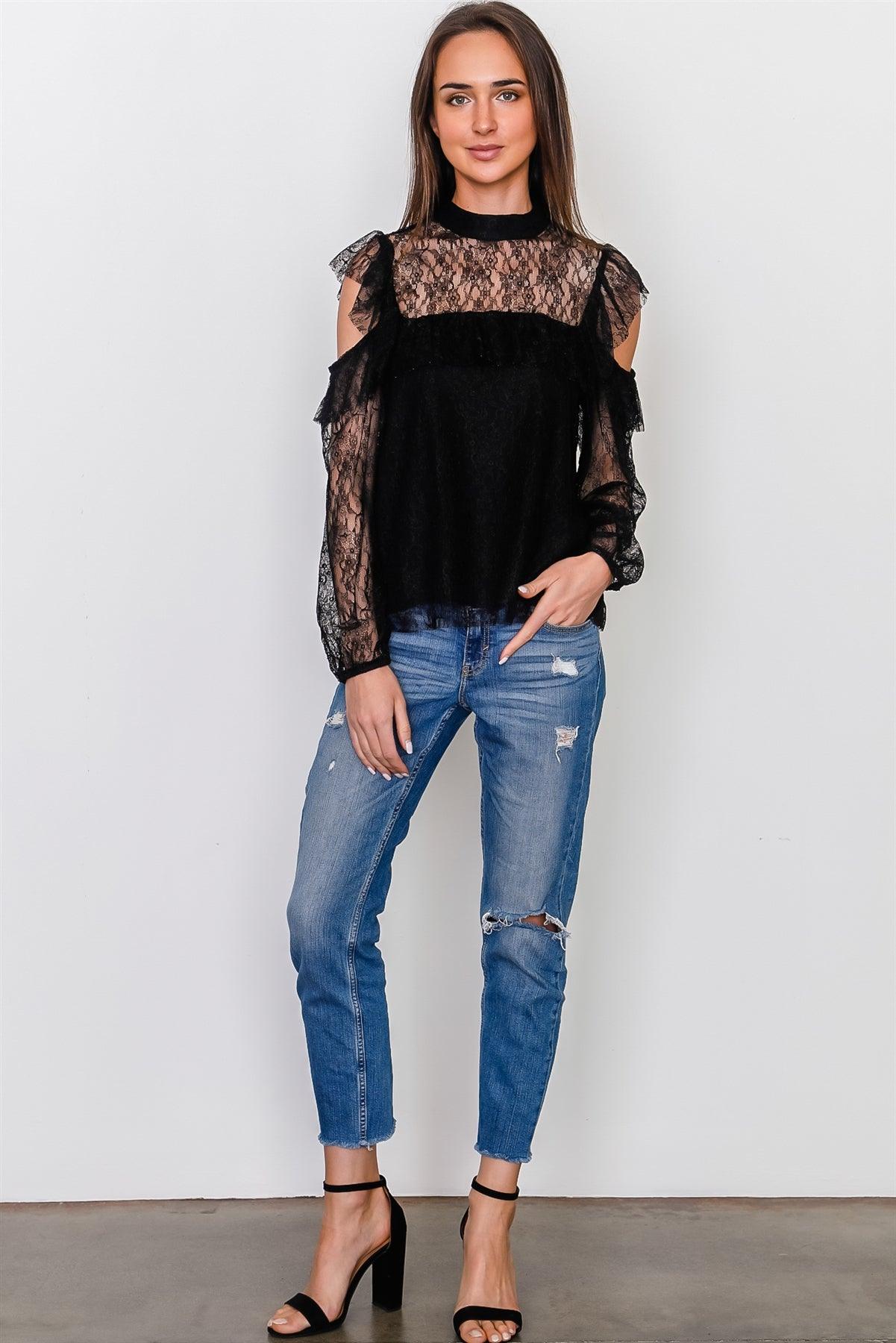 Boho Black Mesh Frill Cold Shoulder Top /1-2-2-1