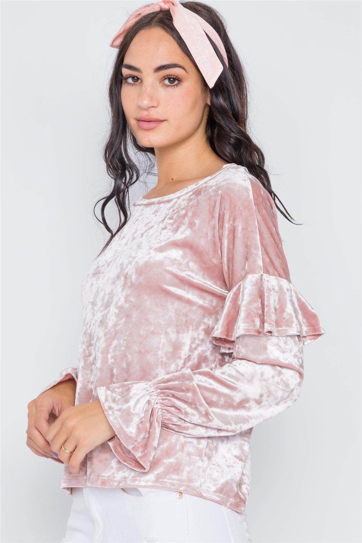 Blush Crushed Velvet Long Ruffle Sleeve Top /2-2-2