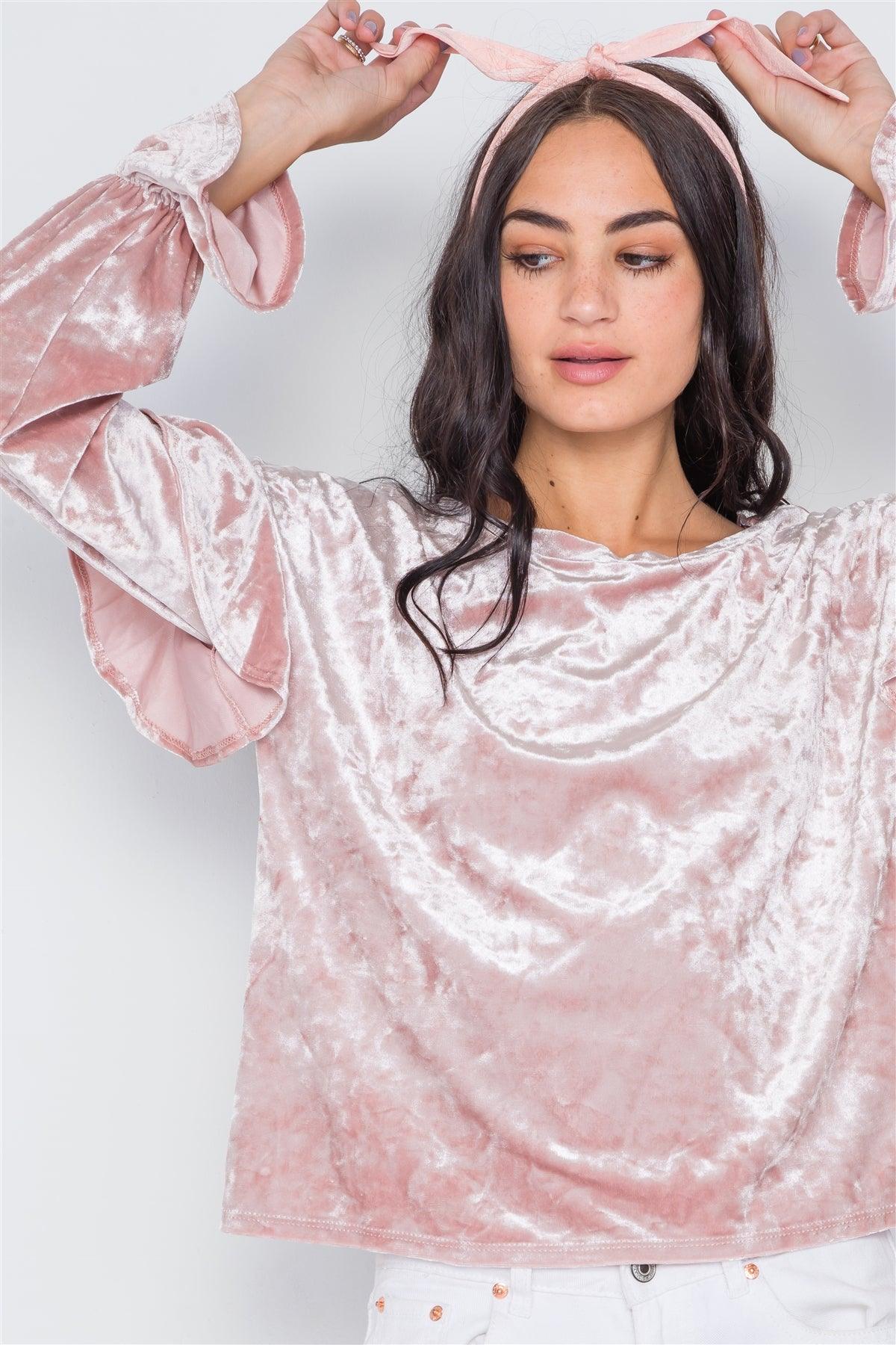 Blush Crushed Velvet Long Ruffle Sleeve Top /2-2-2