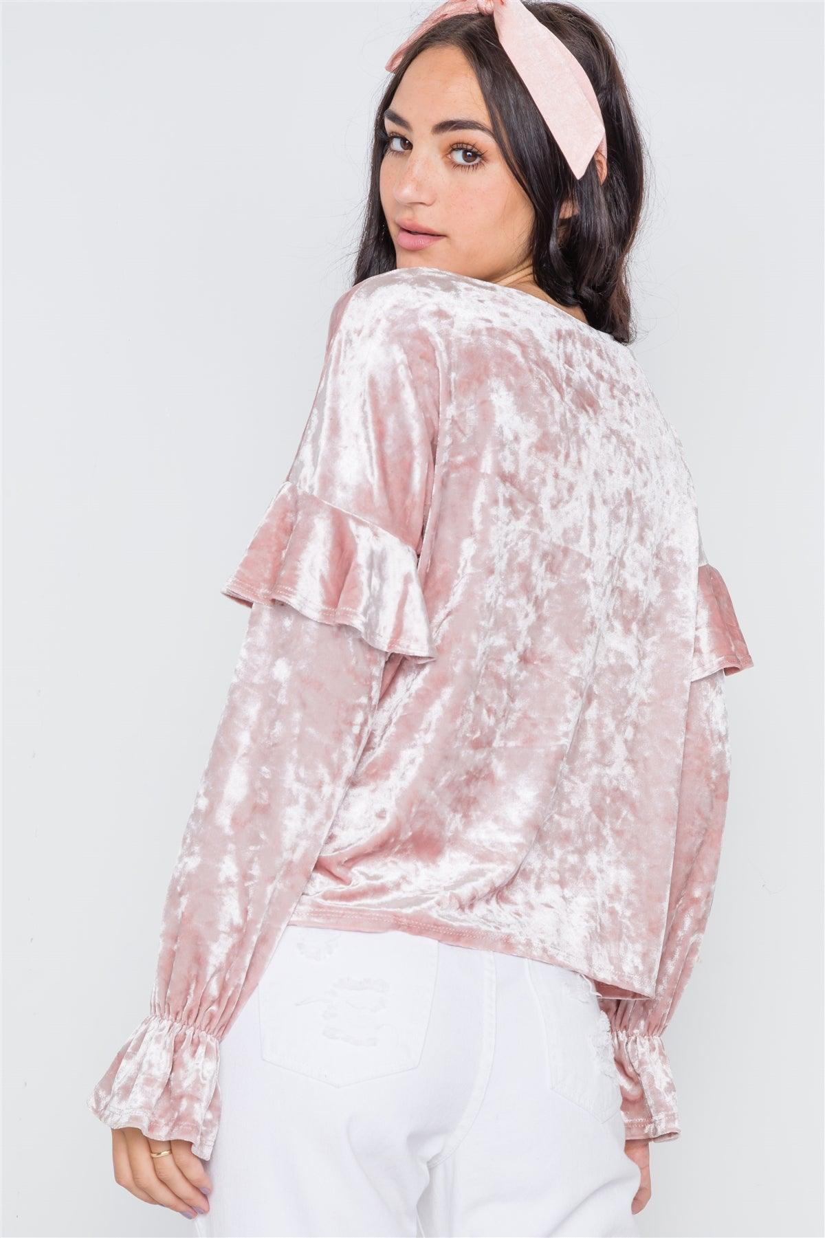 Blush Crushed Velvet Long Ruffle Sleeve Top /2-2-2