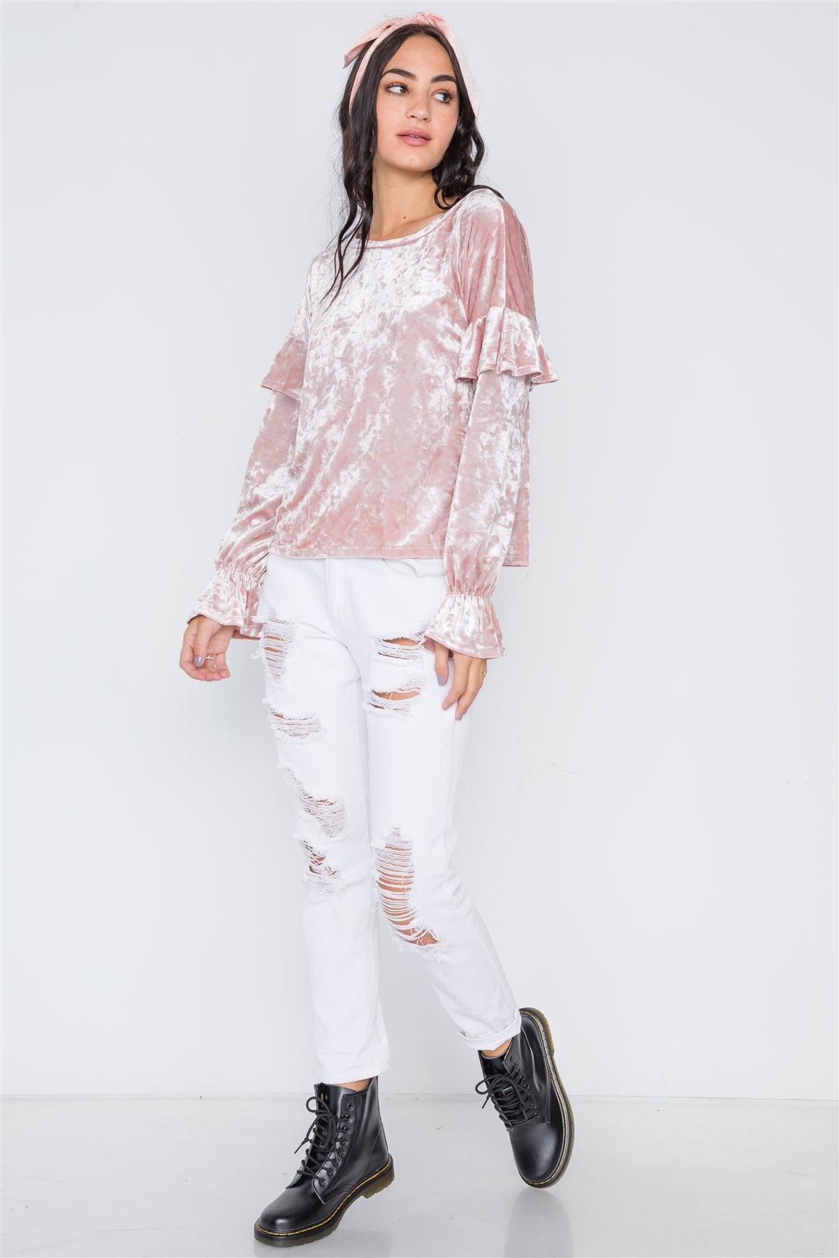 Blush Crushed Velvet Long Ruffle Sleeve Top /2-2-2