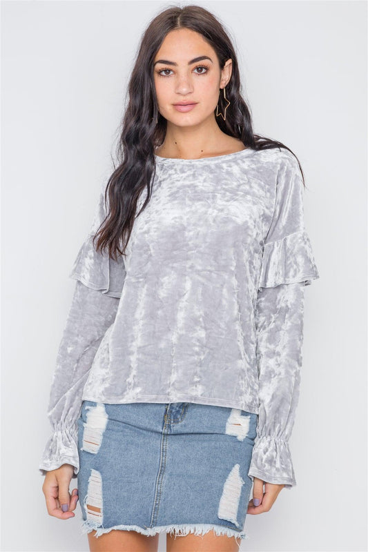 Silver Crushed Velvet Long Ruffle Sleeve Top /2-2-2