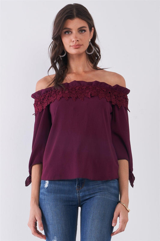 Wine Off-The-Shoulder Embroidery Trim Midi Sleeve With Self-Tie Detail Top /2-2-2