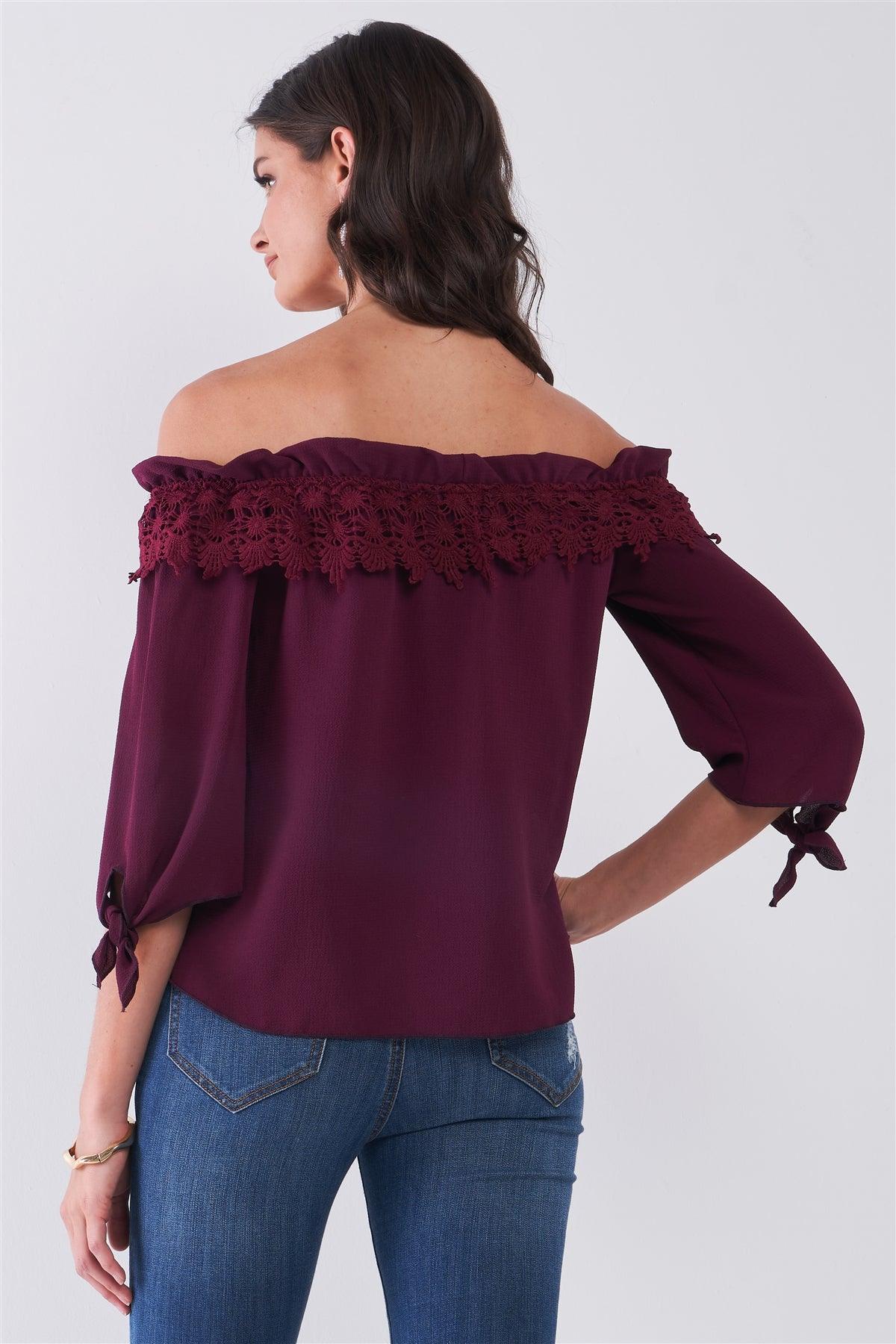 Wine Off-The-Shoulder Embroidery Trim Midi Sleeve With Self-Tie Detail Top /2-2-2