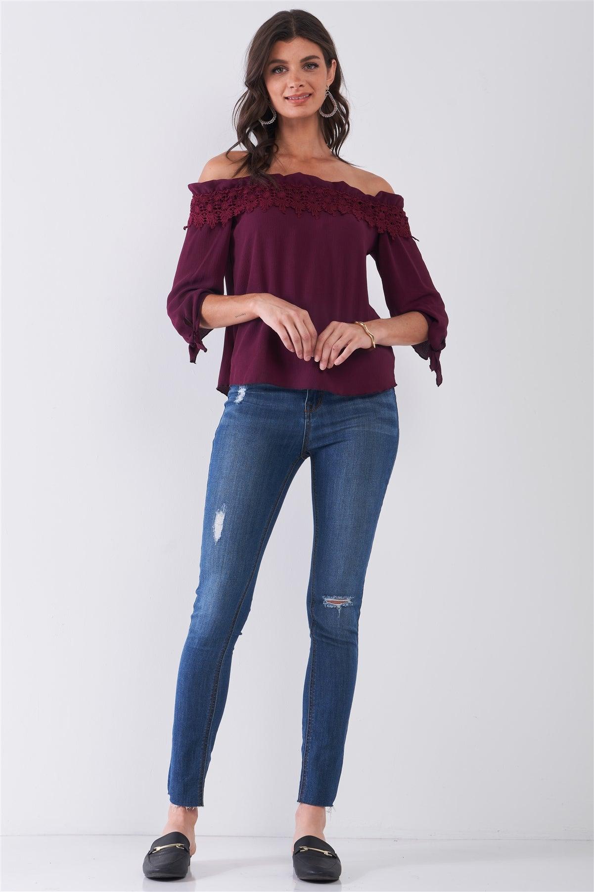 Wine Off-The-Shoulder Embroidery Trim Midi Sleeve With Self-Tie Detail Top /2-2-2