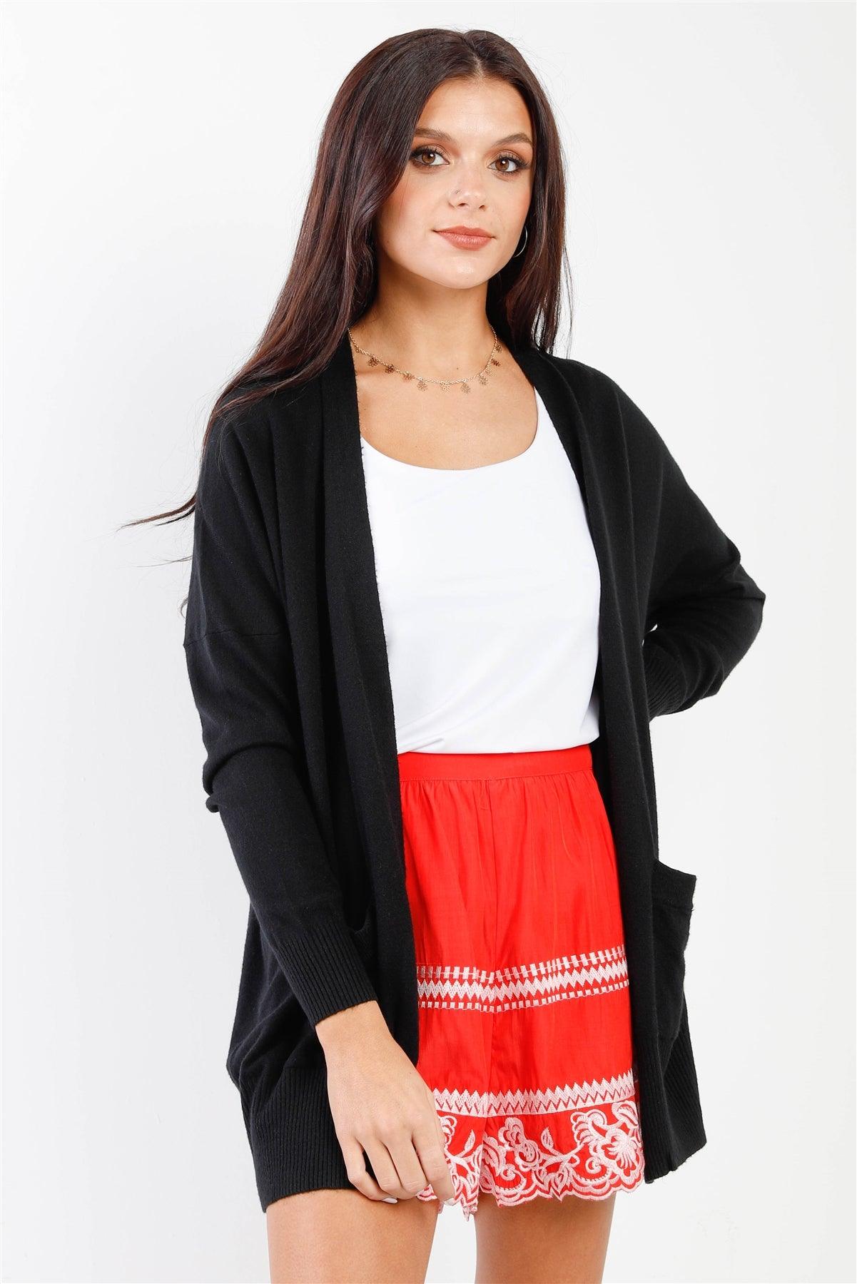 Black Knit Open Front Long Sleeve Cardigan /3-3