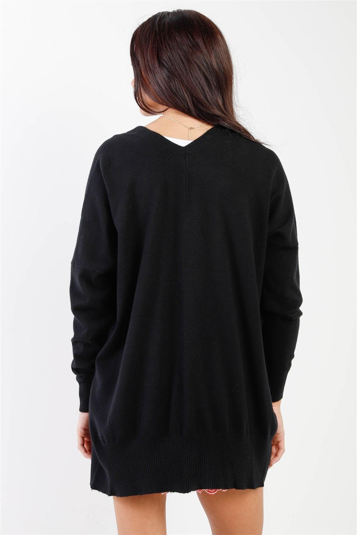 Black Knit Open Front Long Sleeve Cardigan /3-3