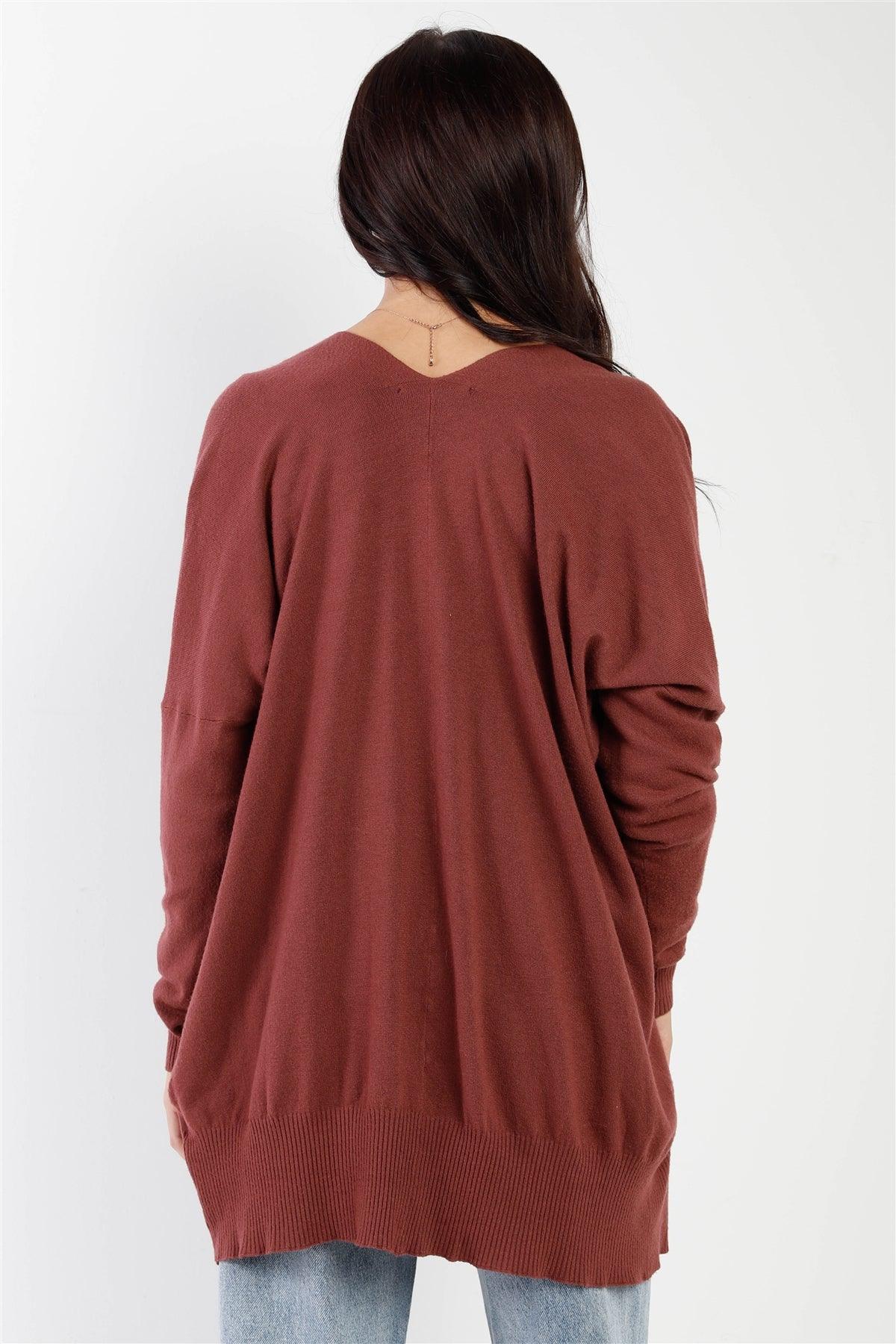 Dust Plum Knit Open Front Long Sleeve Cardigan /4-3