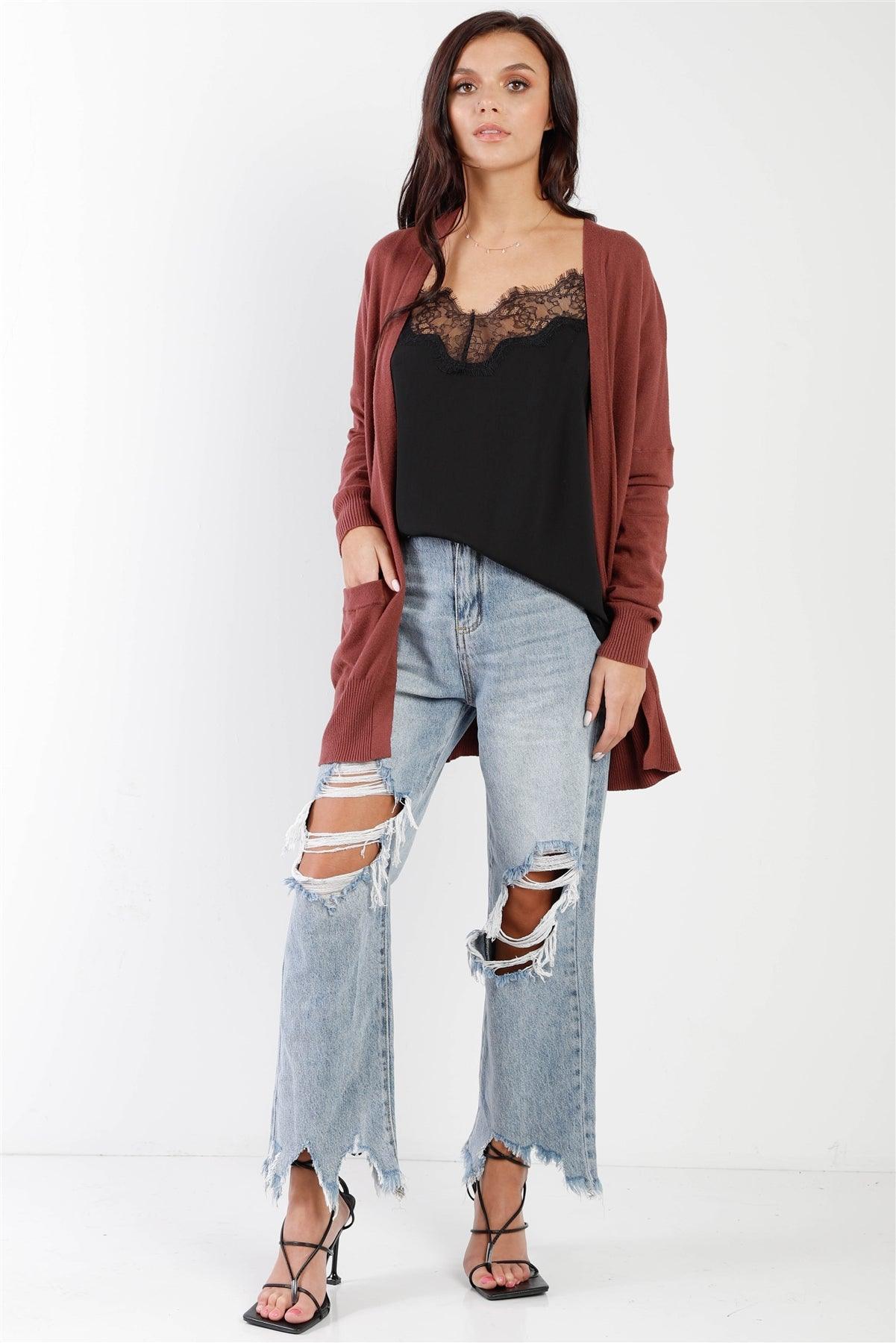 Dust Plum Knit Open Front Long Sleeve Cardigan /4-3