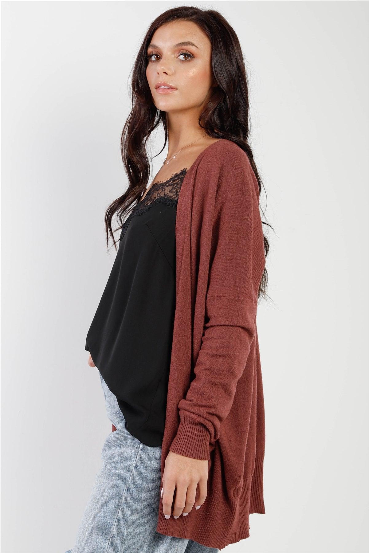 Dust Plum Knit Open Front Long Sleeve Cardigan /4-3