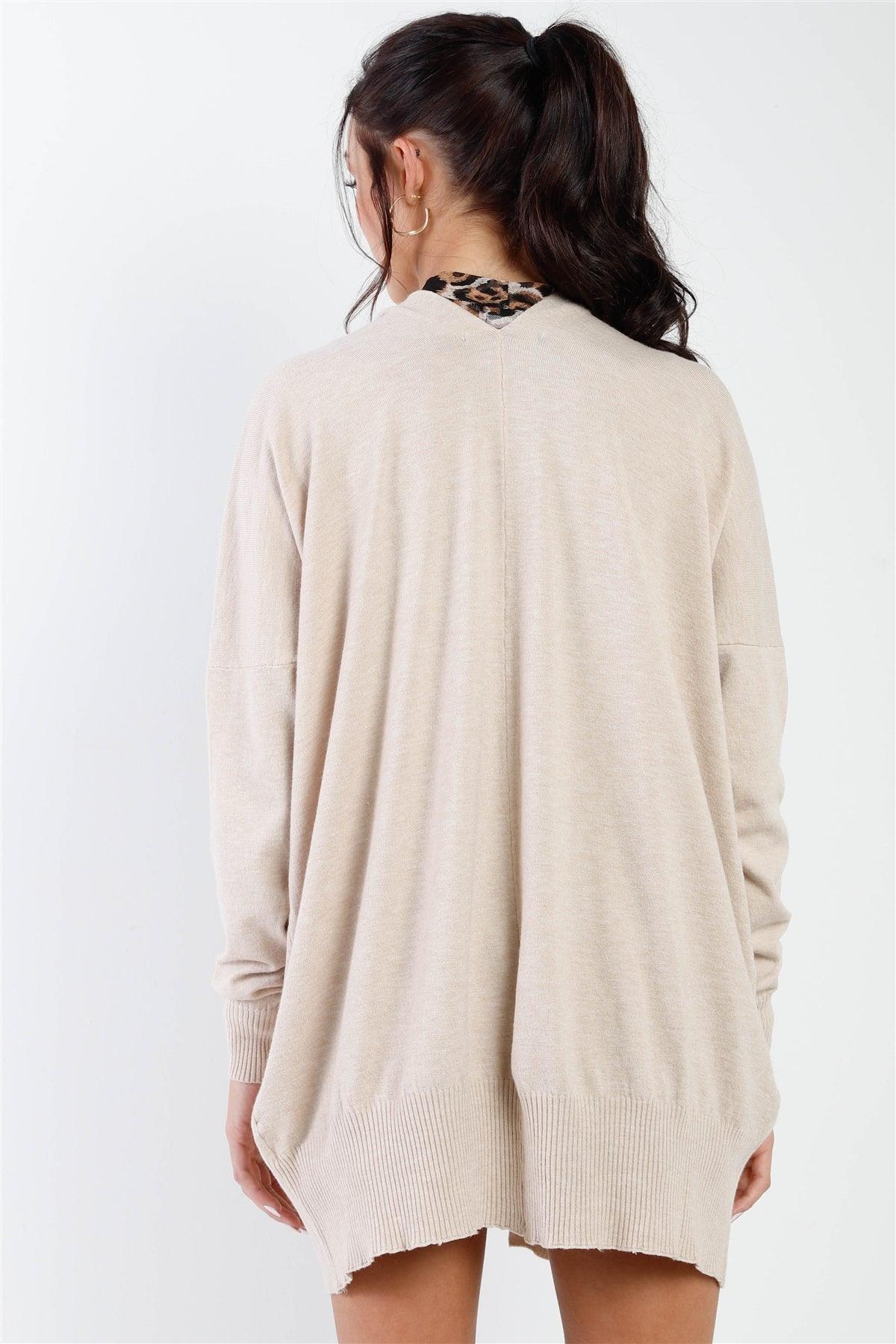 Oatmeal Knit Open Front Long Sleeve Cardigan /3-3