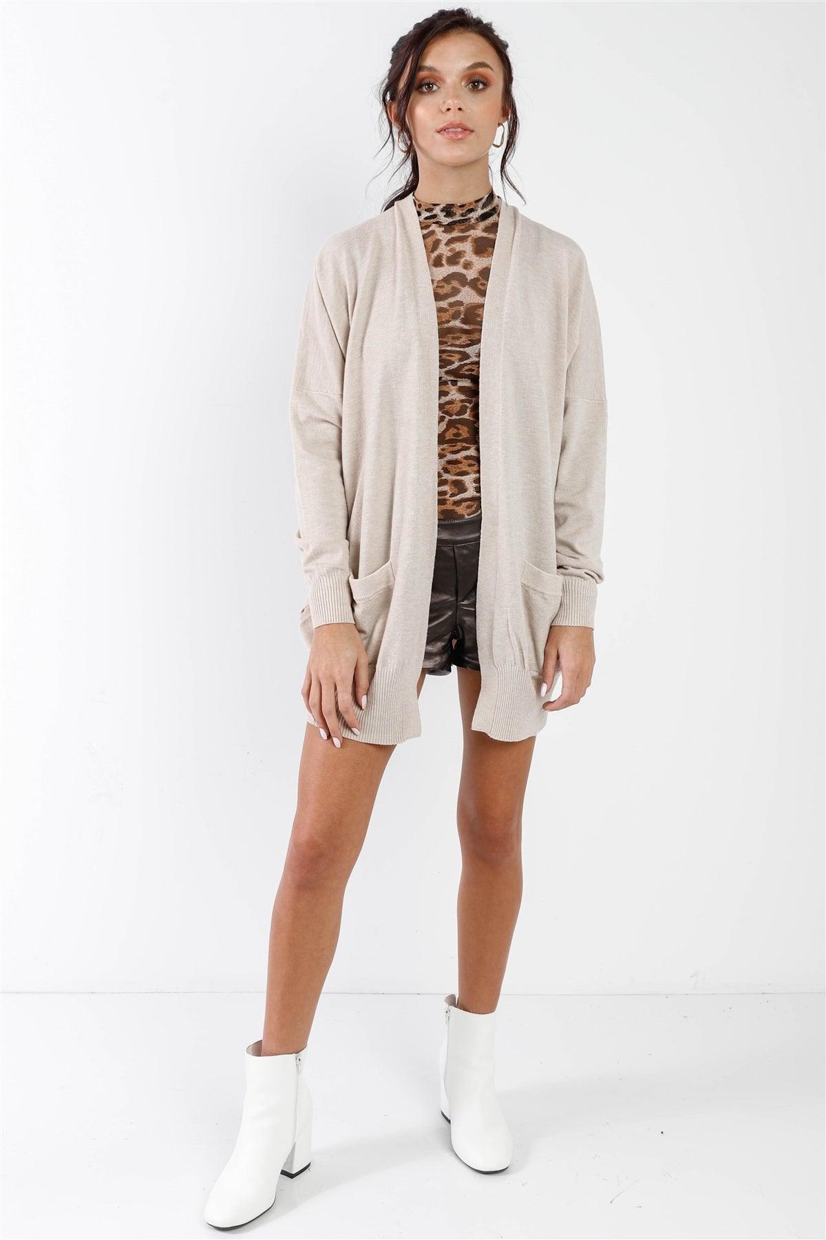 Oatmeal Knit Open Front Long Sleeve Cardigan /3-3