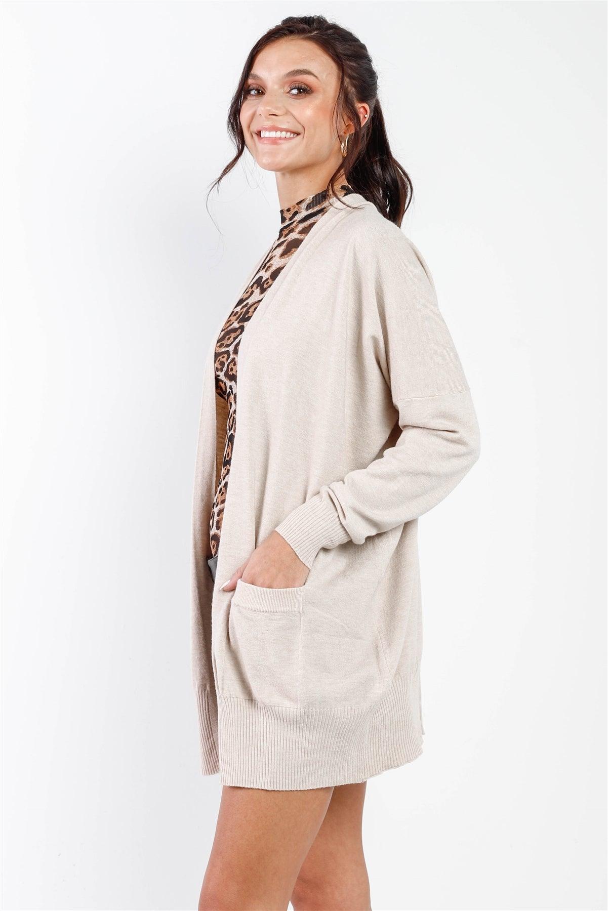 Oatmeal Knit Open Front Long Sleeve Cardigan /3-3