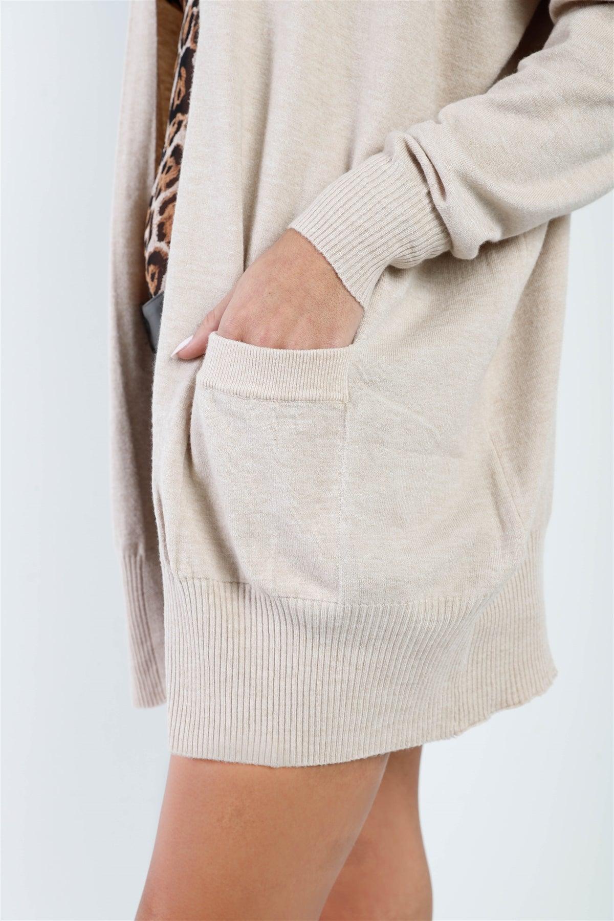 Oatmeal Knit Open Front Long Sleeve Cardigan /3-3