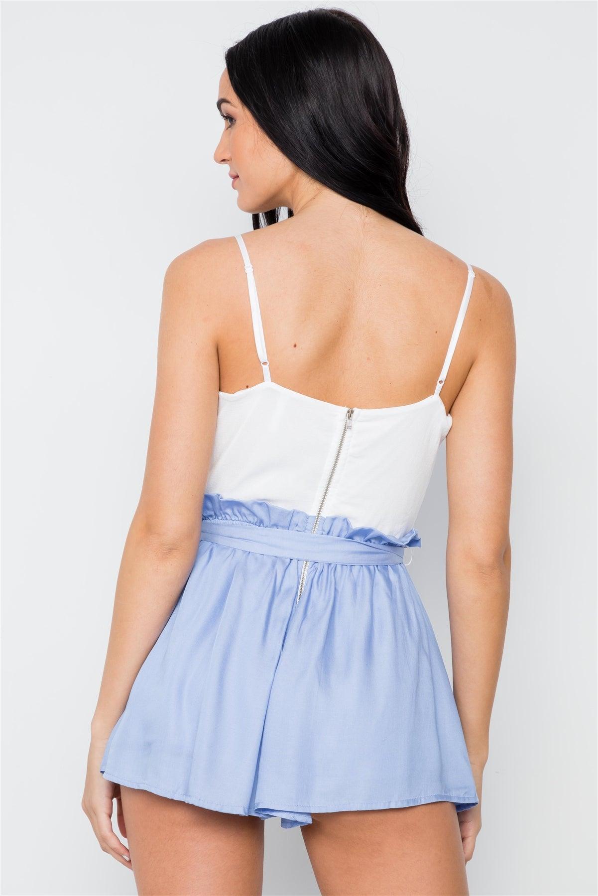 White Blue Combo Cami Ruffle Romper /3-2-1