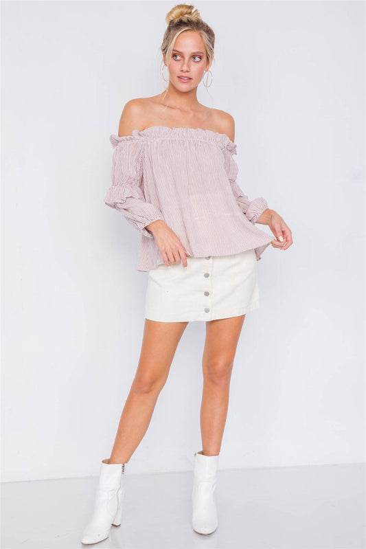 Mauve & White Stripe Off-The-Shoulder Layered Ruffle Trim Top /3-2-1