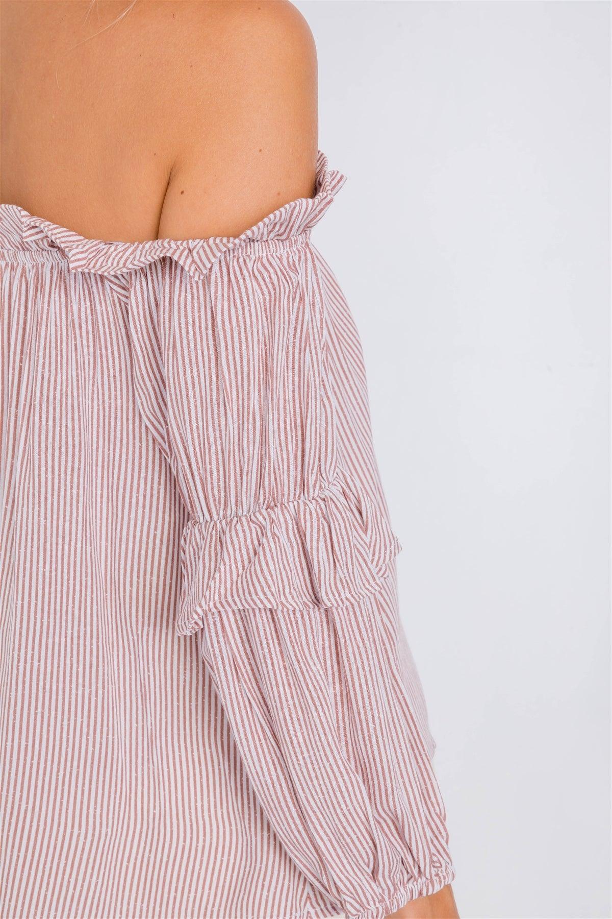 Mauve & White Stripe Off-The-Shoulder Layered Ruffle Trim Top /3-2-1