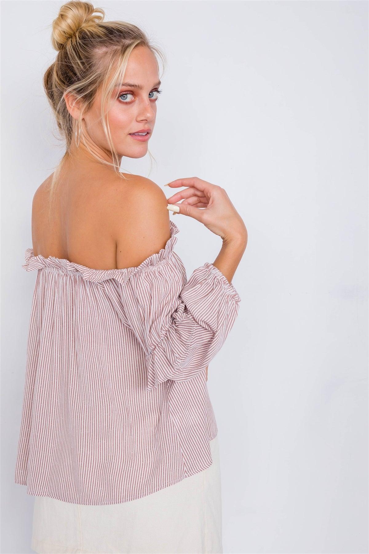 Mauve & White Stripe Off-The-Shoulder Layered Ruffle Trim Top /3-2-1