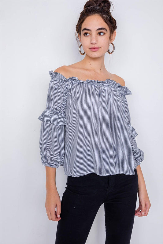 Navy & White Stripe Off-The-Shoulder Layered Ruffle Trim Top /3-2-1