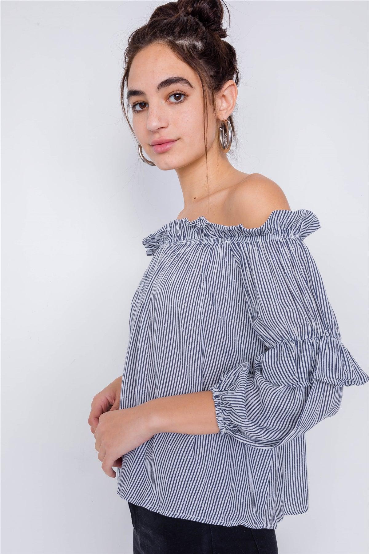 Navy & White Stripe Off-The-Shoulder Layered Ruffle Trim Top  /3-2-2