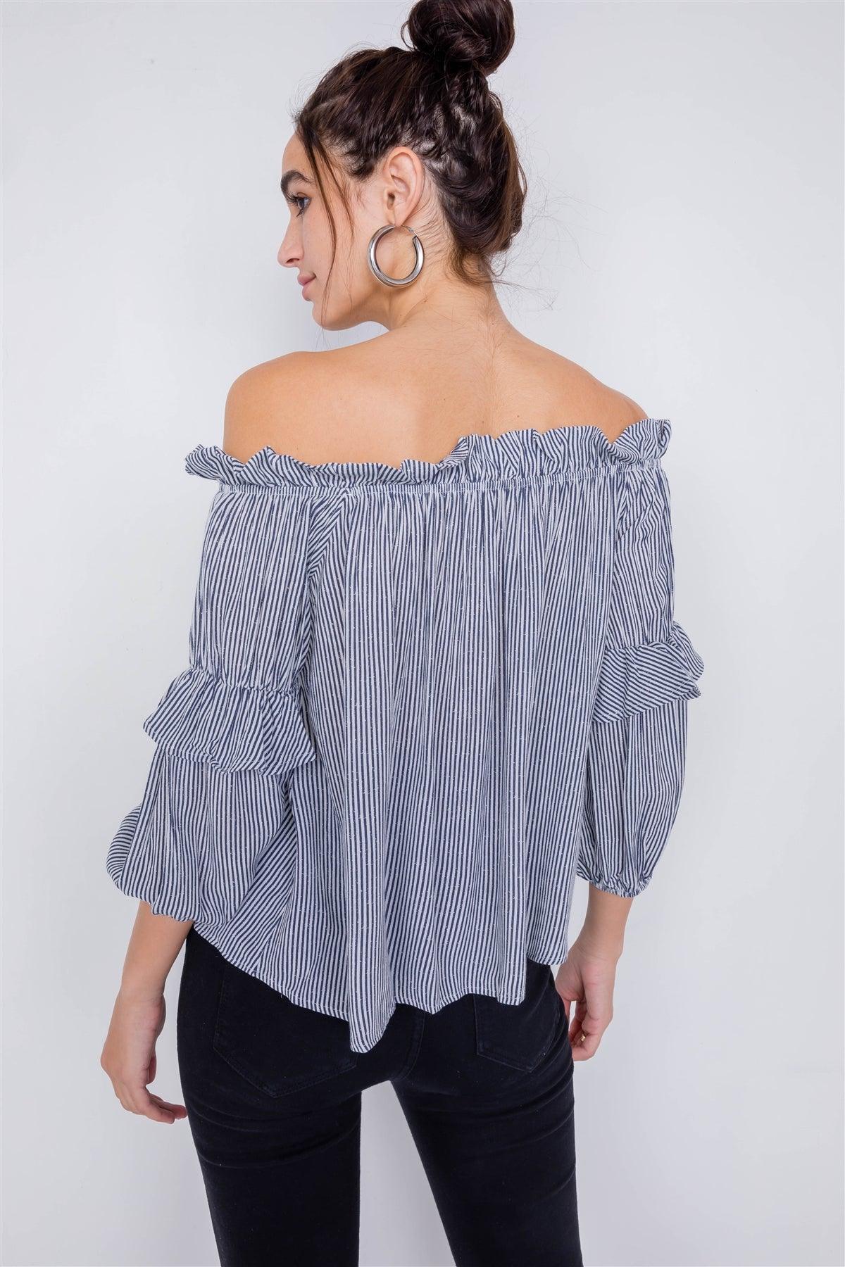 Navy & White Stripe Off-The-Shoulder Layered Ruffle Trim Top  /3-2-2