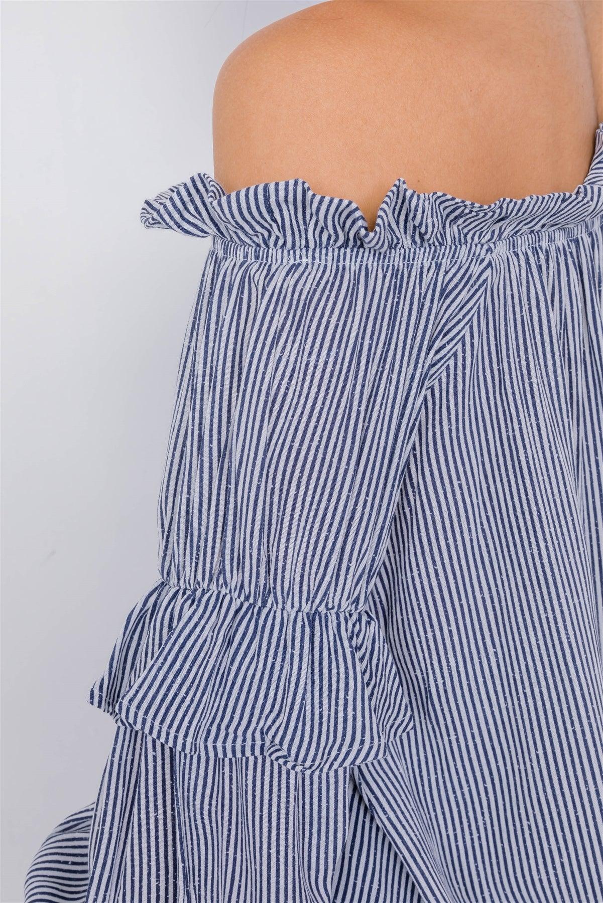 Navy & White Stripe Off-The-Shoulder Layered Ruffle Trim Top  /3-2-2