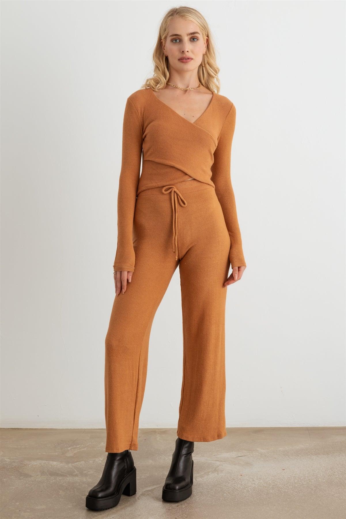 Brown Wrap Long Sleeve Crop Top & High Waist Pants Soft To Touch Set /2-2-2