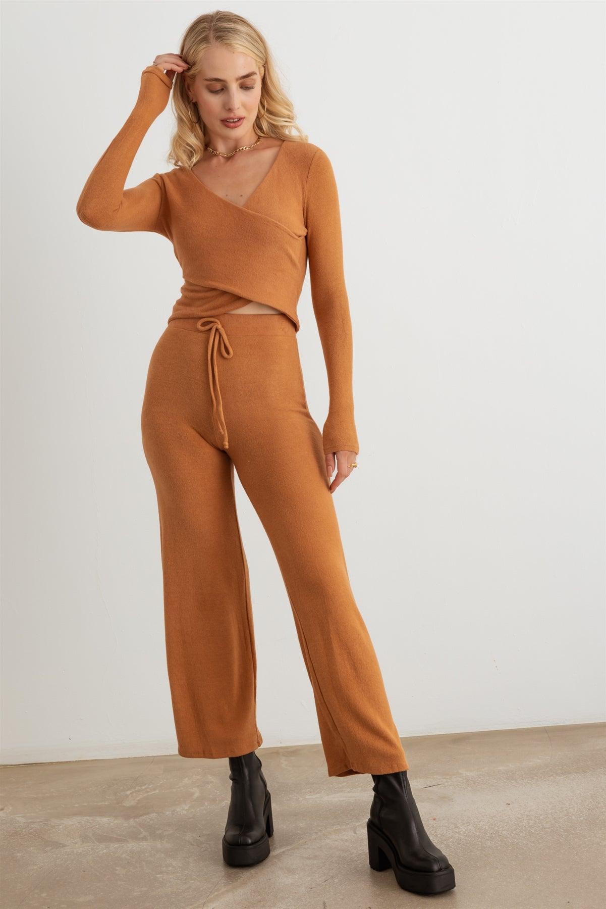 Brown Wrap Long Sleeve Crop Top & High Waist Pants Soft To Touch Set /2-2-2