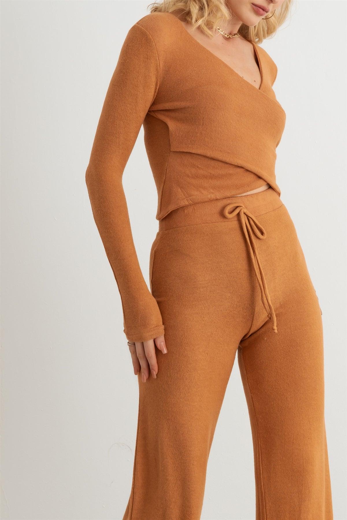 Brown Wrap Long Sleeve Crop Top & High Waist Pants Soft To Touch Set /2-2-2