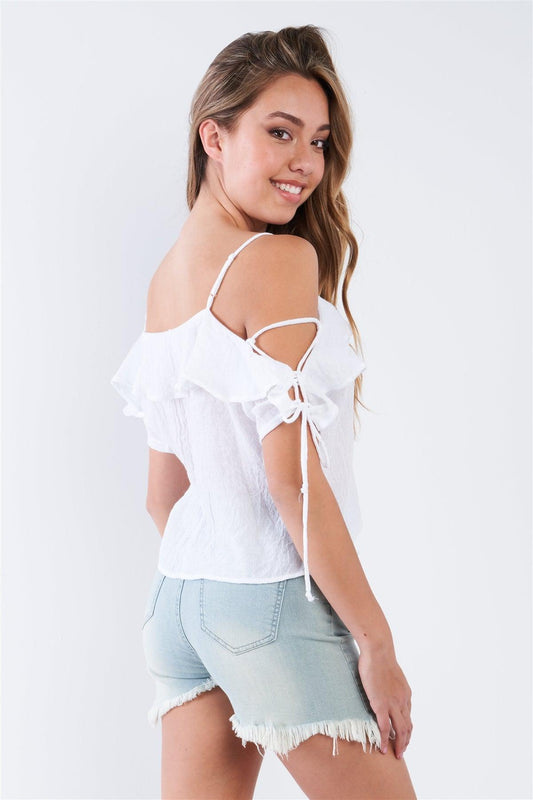 White Off The Shoulder Ruffle Tie Top /2-2-1