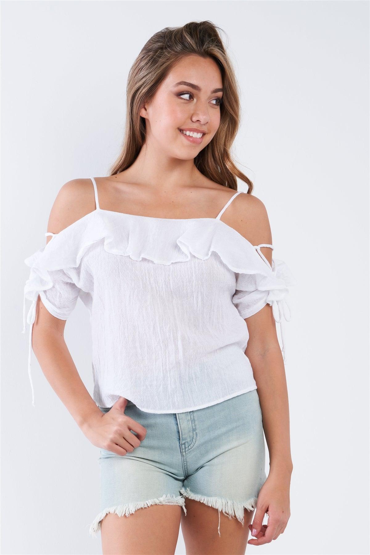 White Off The Shoulder Ruffle Tie Top /2-2-1