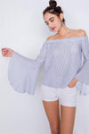 White Blue Off-The-Shoulder Belle Sleeve Chic Tencel Top /3-2-1