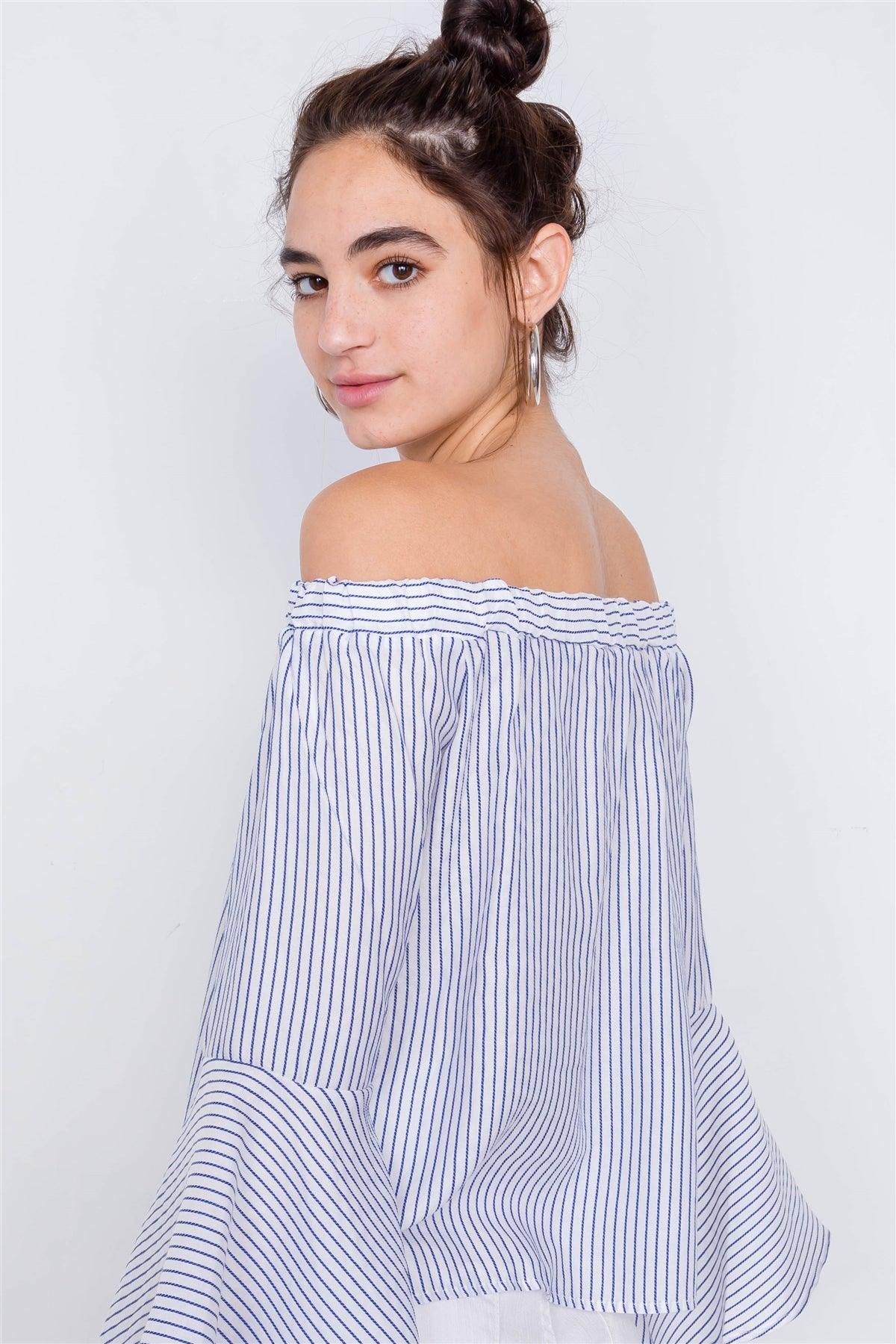 White Blue Off-The-Shoulder Belle Sleeve Chic Tencel Top /3-2-1