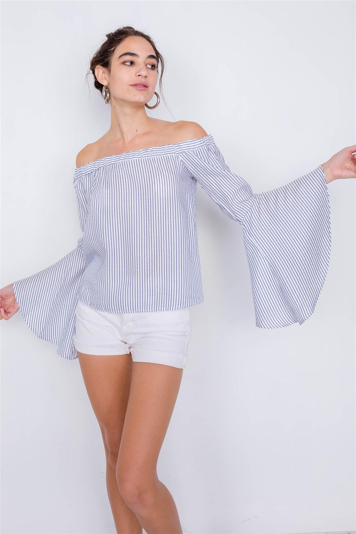 White Blue Off-The-Shoulder Belle Sleeve Chic Tencel Top /3-2-1