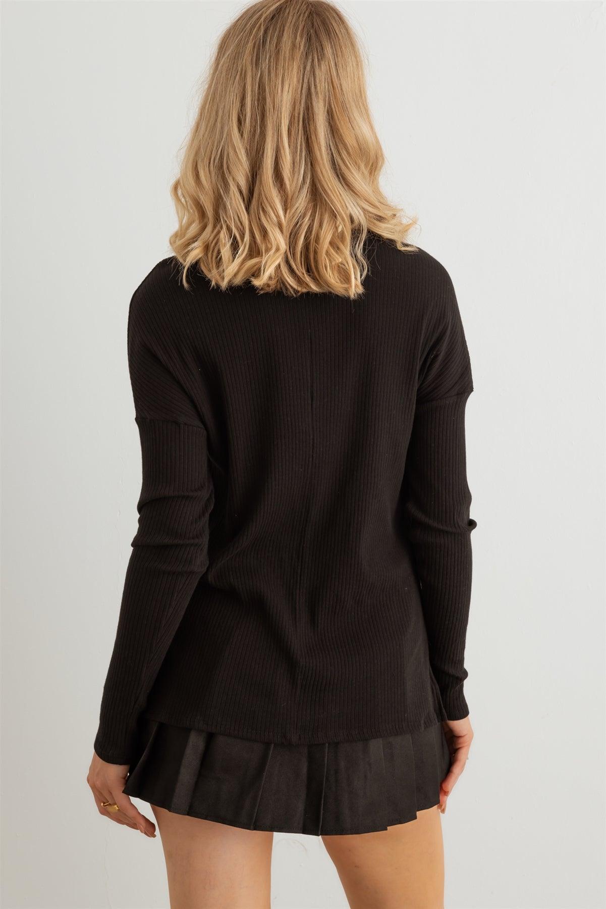 Black Ribbed Turtle Neck Long Sleeve Top /2-2-2