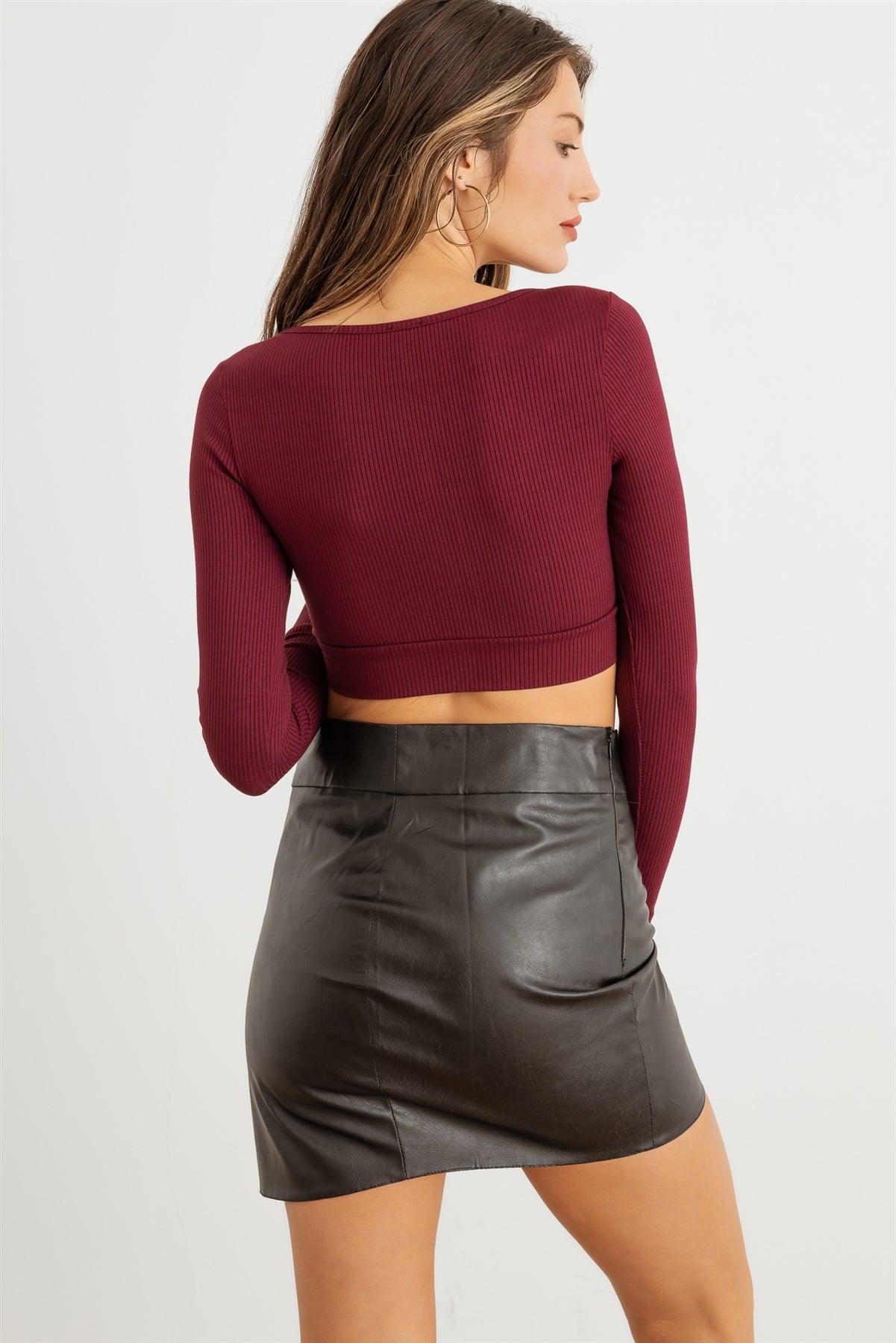 Burgundy Ribbed Scoop Neck Long Sleeve Crop Top /2-2-2