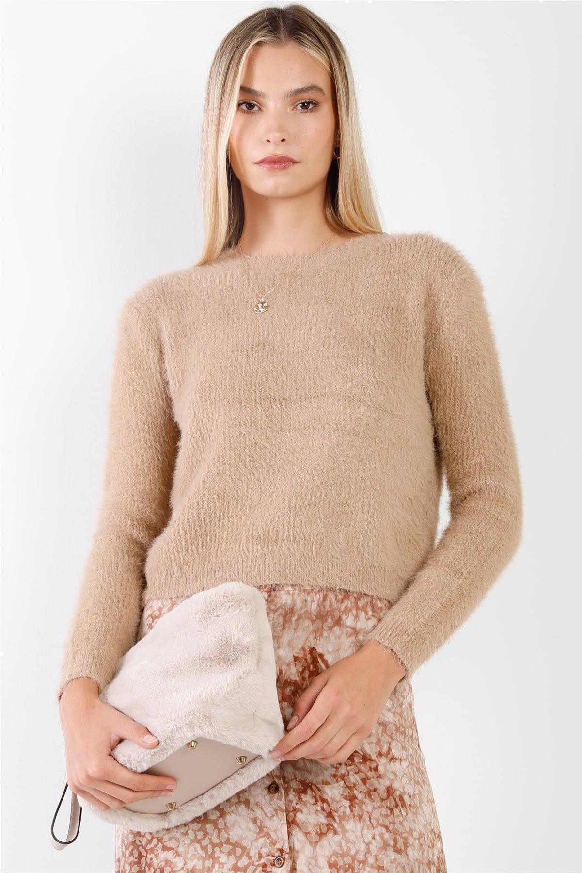 Taupe Fuzzy Knit Long Sleeve Crew Neck Cropped Sweaters /3-2-1