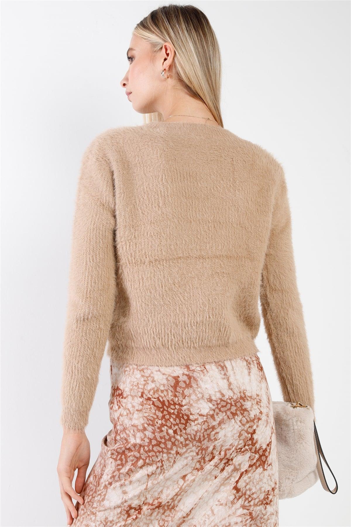 Taupe Fuzzy Knit Long Sleeve Crew Neck Cropped Sweaters /3-2-1