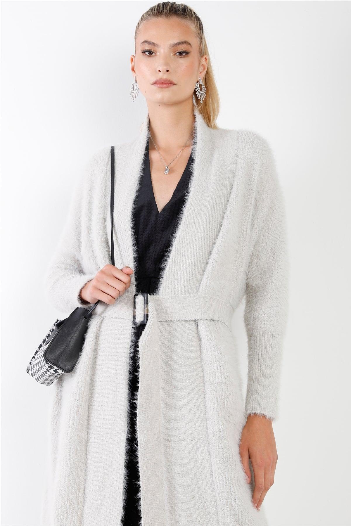 Grey Fuzzy Knit Open Front Sash Belt With Rectangular Buckle Midi Cardigan /3-2-1