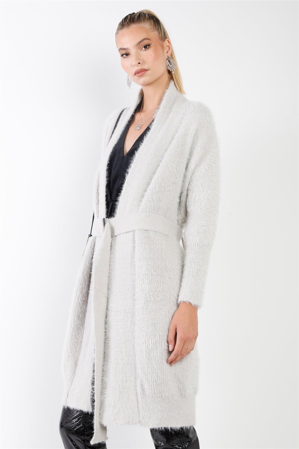 Grey Fuzzy Knit Open Front Sash Belt With Rectangular Buckle Midi Cardigan /3-2-1