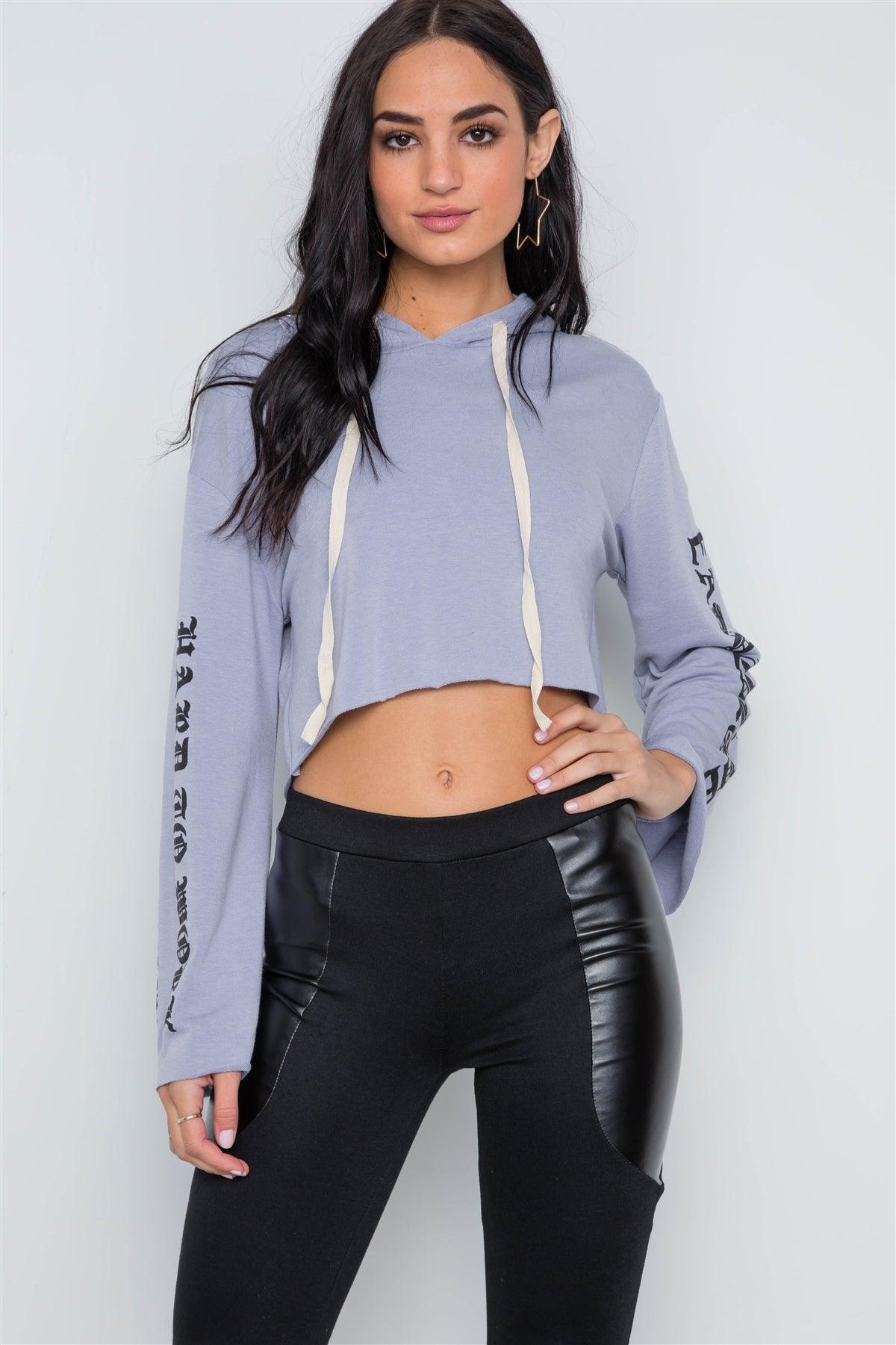 Lavender Graphic Print Long Sleeves Hooded Crop Top /2-2-2