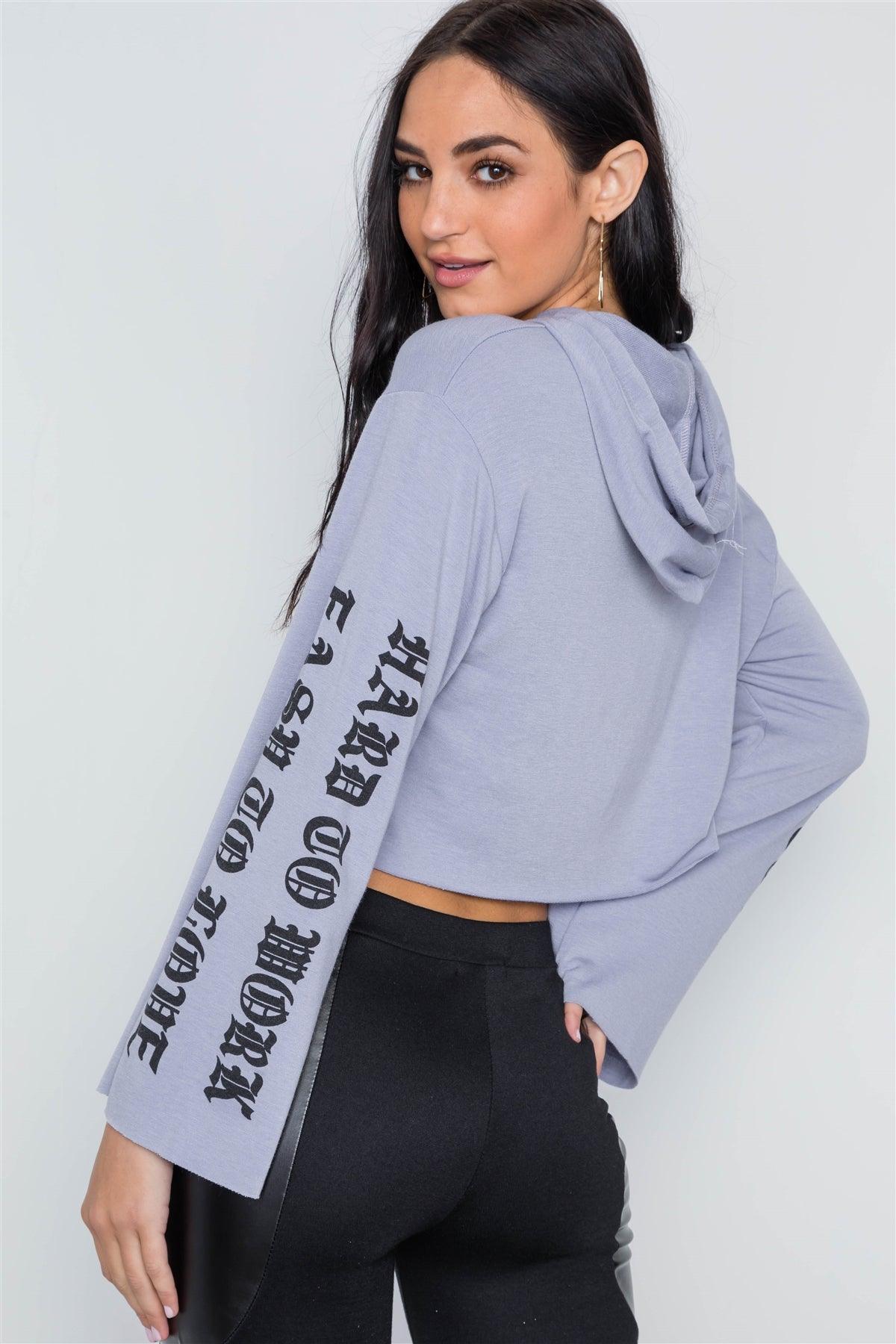 Lavender Graphic Print Long Sleeves Hooded Crop Top /2-2-2