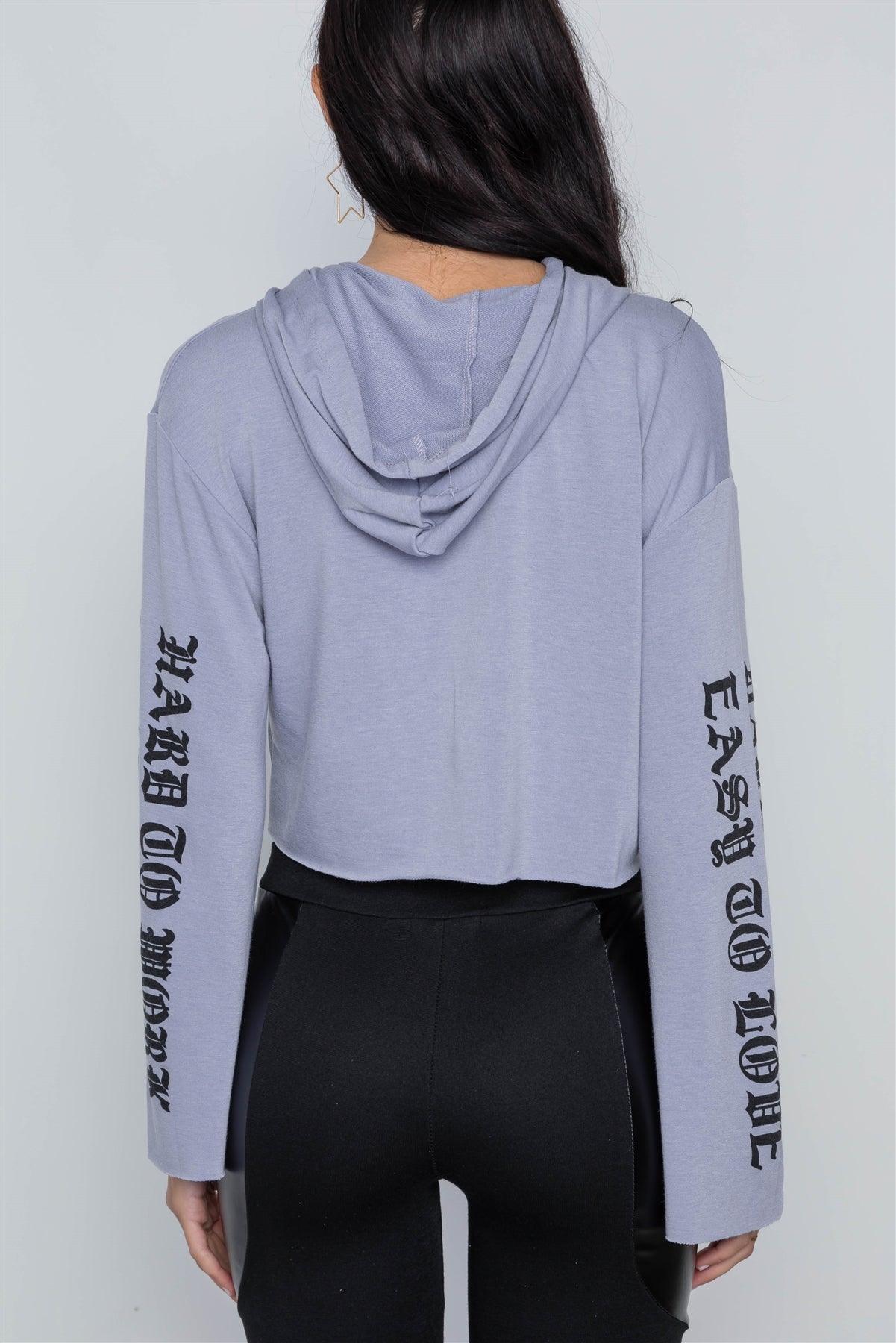 Lavender Graphic Print Long Sleeves Hooded Crop Top /2-2-2