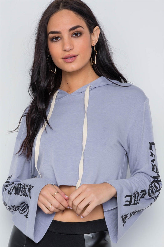 Lavender Graphic Print Long Sleeves Hooded Crop Top /2-3-2