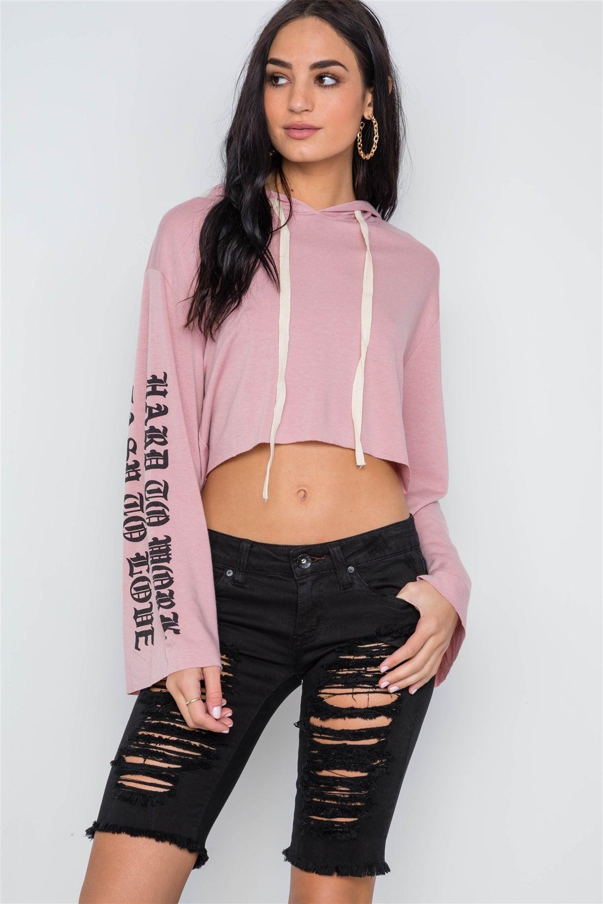 Mauve Graphic Print Long Sleeves Hooded Crop Top /2-2-2